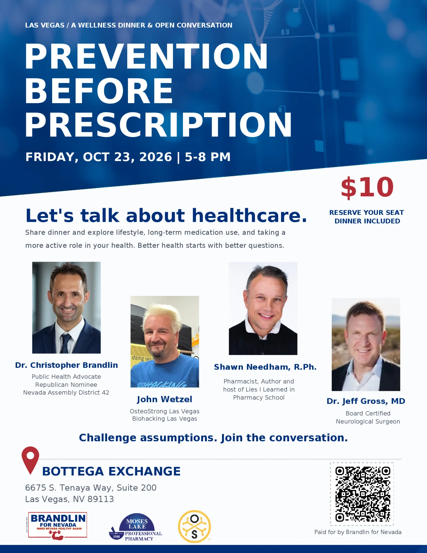 Flyer: Prevention Before Prescription. Friday, October 23, 2026, 5–8 p.m., Bottega Exchange, 6675 S. Tenaya Way, Suite 200, Las Vegas, NV 89113. $10 per guest, dinner included.