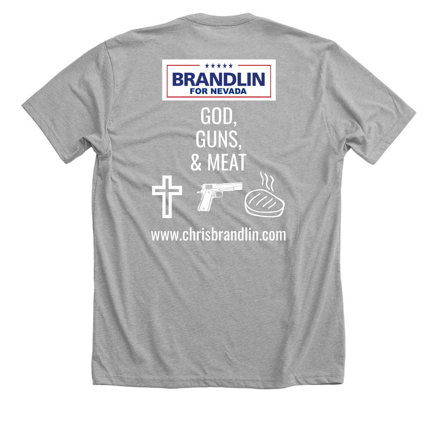 Back of the Brandlin for Nevada tee with the God, Guns and Meat design