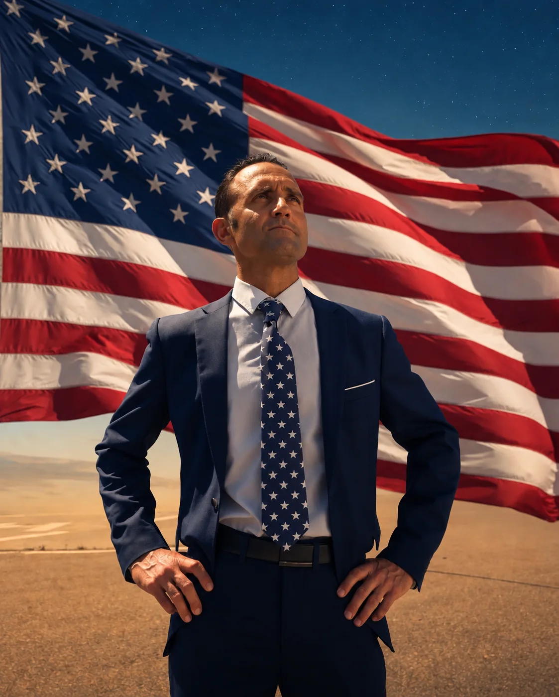 Chris Brandlin in front of the American flag